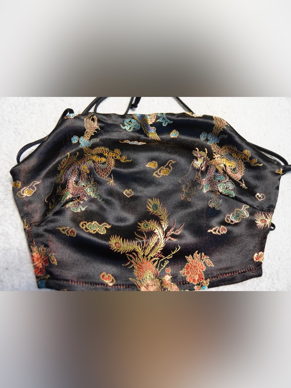 Purrr Melrose Black Satin Dragon & phoenix halter top size s